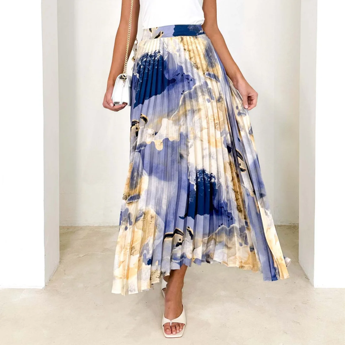 

A-Line Long Length Skirts Womens Maxi Boho Skirt Print Pleated Skirt Sag Feeling Skirt Flowing Pendant Sense Elastic Waist Skirt