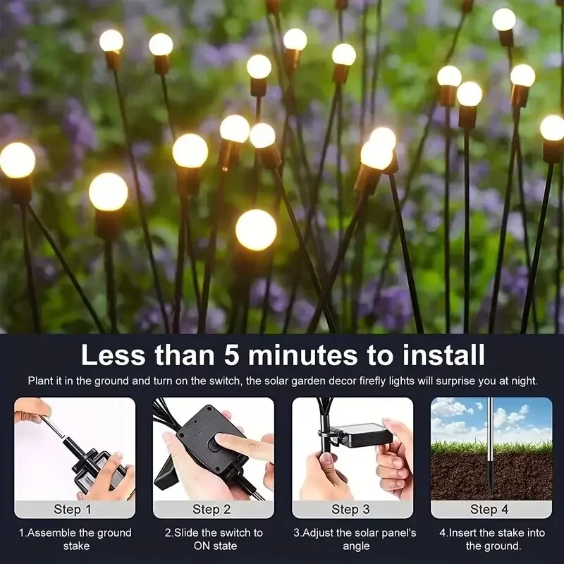 Lâmpada solar led para gramado, lâmpada firefly, pátio, jardim, gramado, acampamento, lâmpada decorativa, à prova d'água, montada no vento