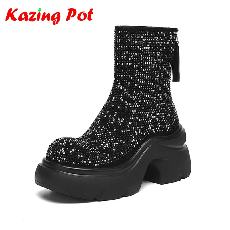 

Krazing Pot Microfiber Handmade Round Toe Thick Bottom Platform Zip Leisure Crystal Diamond Dating Party Beading Ins Ankle Boots