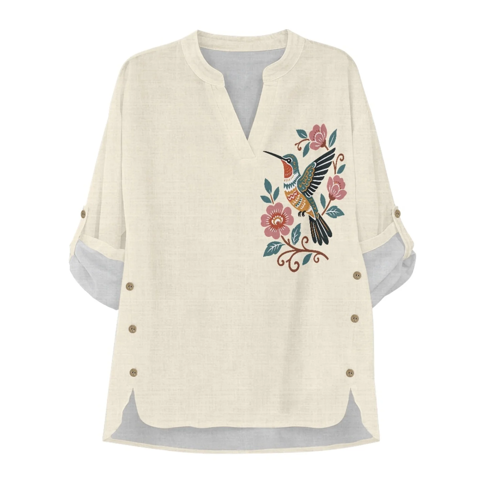 PENSTROLL Linen Style Long Sleeve Blouse Hummingbird Floral, Curved Hem Casual Blouse for Women Sizes S-5XL for Fall Fashion