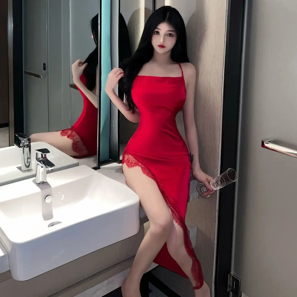 Comfortable Split Women Nightgown Beauty-back V Neck Lace Pajama Dress Irregular Spaghetti Strap Satin Silk Nightdress Casual