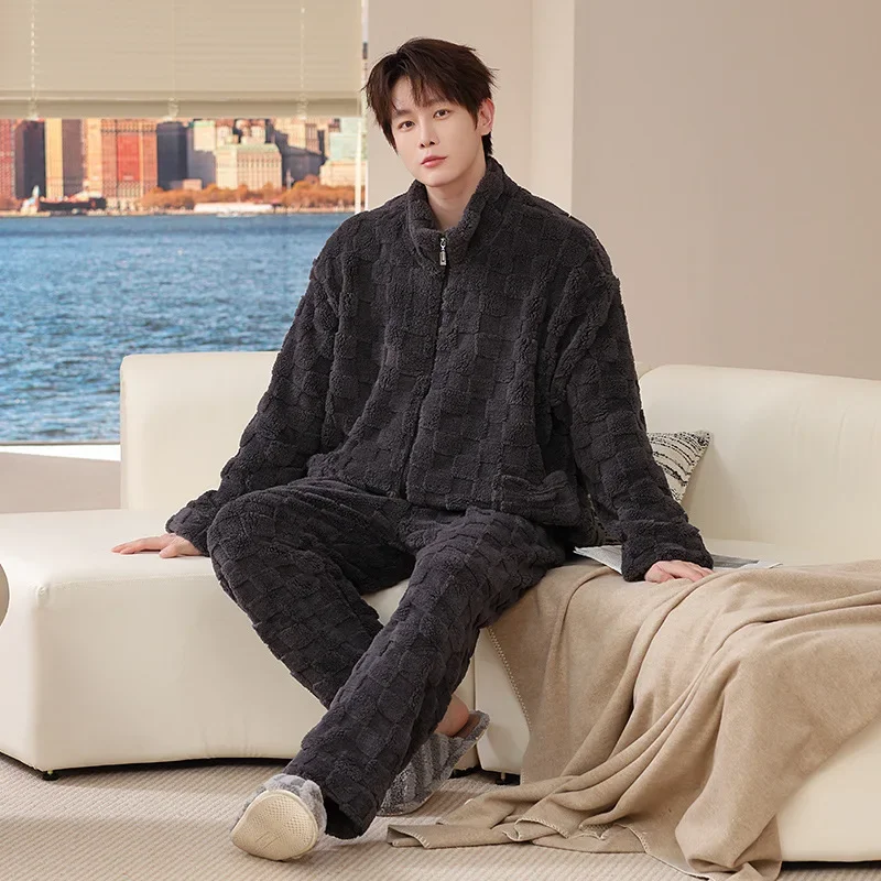 Japanese Style Coral Fleece Sleepwear Thickened Stand Collar Flannel Home Clothes Simple Large Size Winter Set for Men