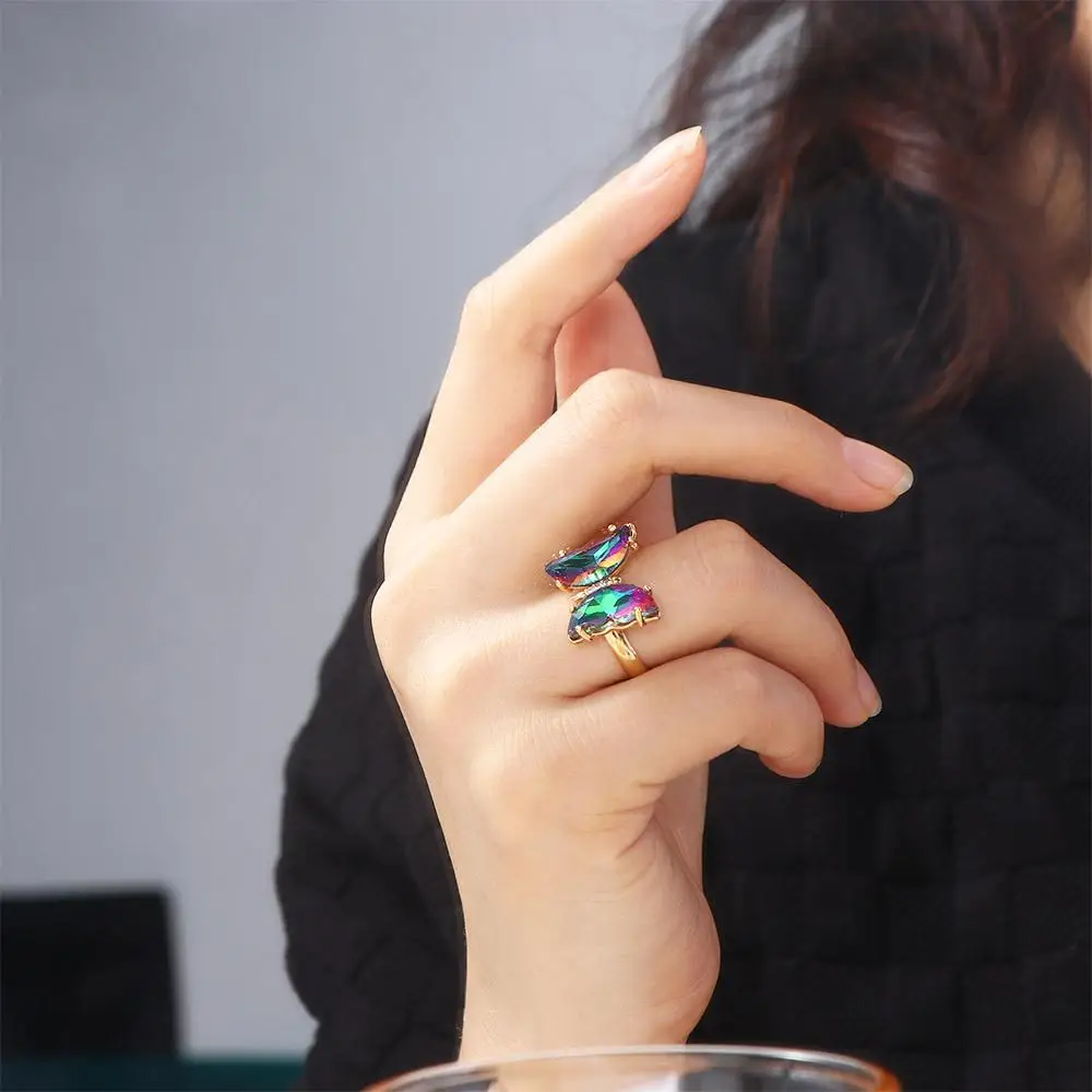 Adjustable Girls Korean Gradient Color Finger Rings Crystal Fashion Jewelry Butterfly Open Ring