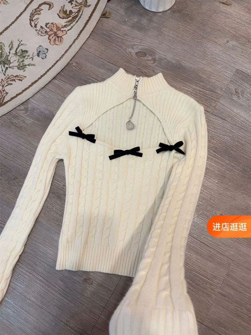 KUSAHIKI Korean Hollow-out Zipper Stand Neck Slim Spicy Girl Y2k Knitted Tops Autumn Winter New Base Women Sweater Pullovers