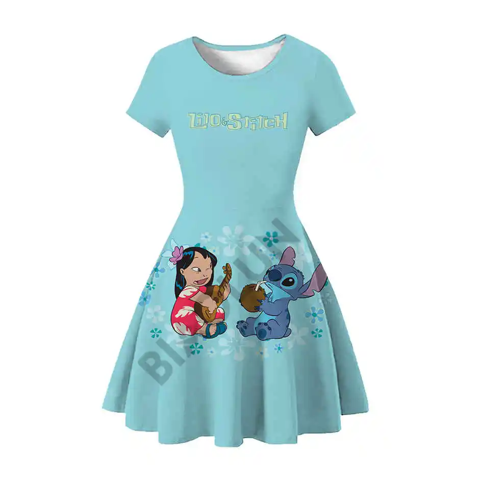 

2024 Summer New Casual Fashion Cute Princess Dress 3D Print Disney Stitch Crew Neck Short Sleeve Princess Dress