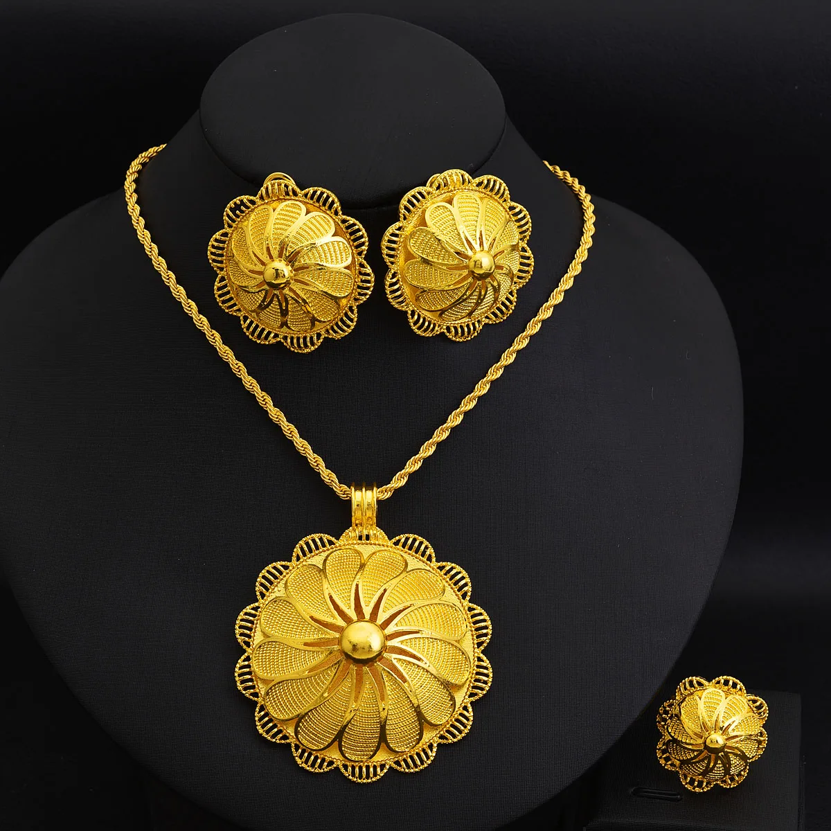 مجموعة مجوهرات ذهبية اللون إثيوبية أفريقية للسيدات أقراط دائرية كبيرة رائعة هدية تقليدية لحفلات الزفاف العربية