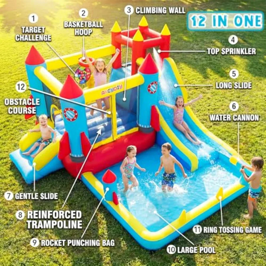 Inflatable Bounce House for indoor and outdoor use, PVC material, blue and red, 12-in-1 dual water slide with climbing wall, pu