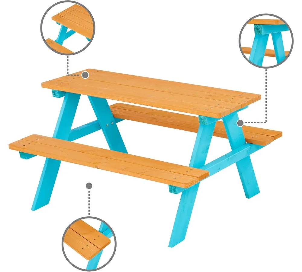 مجموعة طاولات ومقاعد خشبية للنزهات الخارجية للأطفال - صنوبر متين، سهل التجميع، لون مائي ممتع