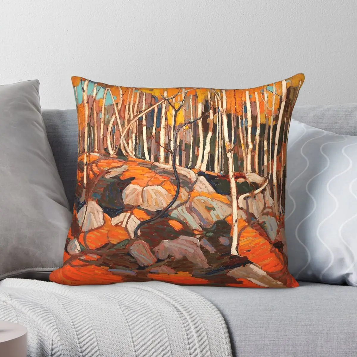 Capa de Almofada Quadrada Tom Thomson Birch Grove Autumn em Poliéster, Linho e Veludo com Estampa Decorativa para Sala 45x45