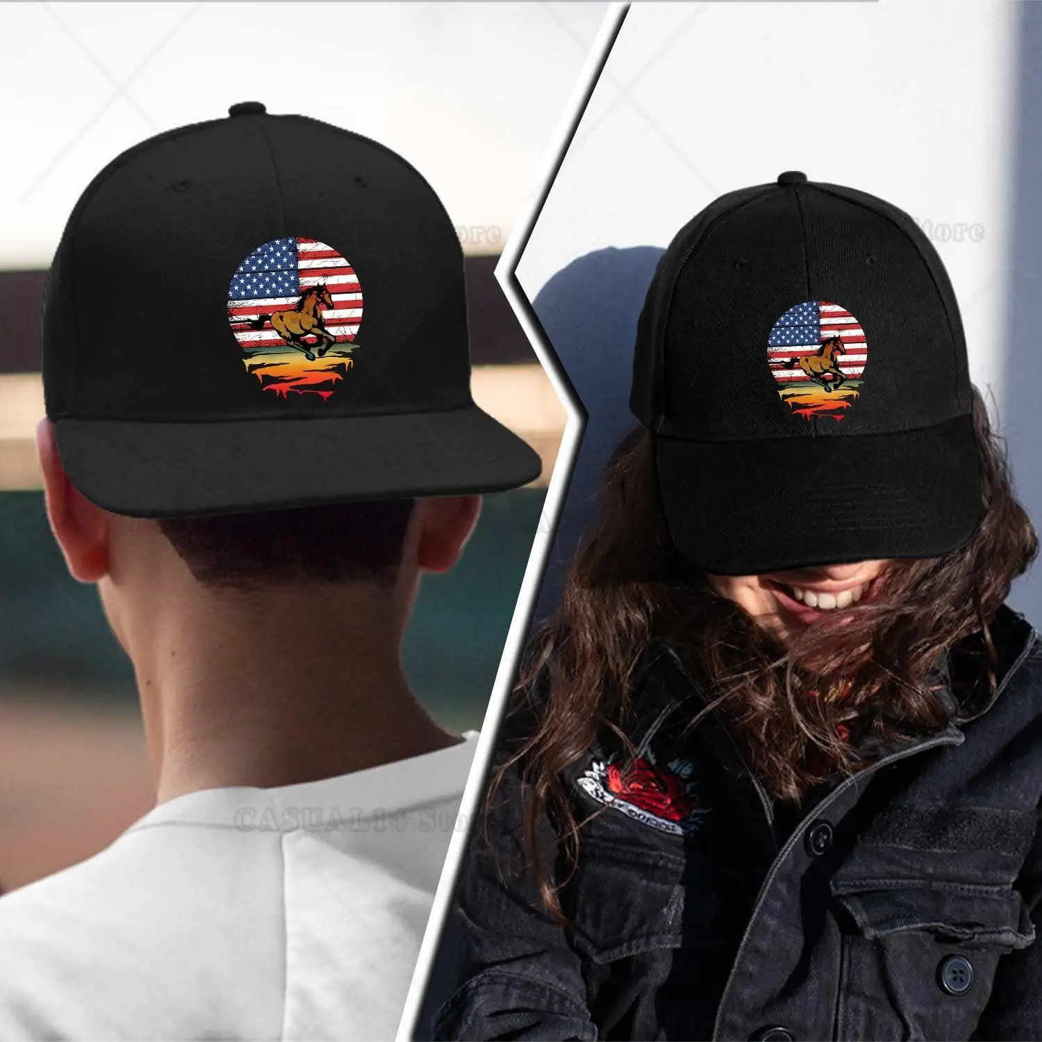 Berretto da baseball con bandiera americana cavallo Cappello da papà regolabile Cappello in cotone non strutturato Cappello semplice regolabile classico