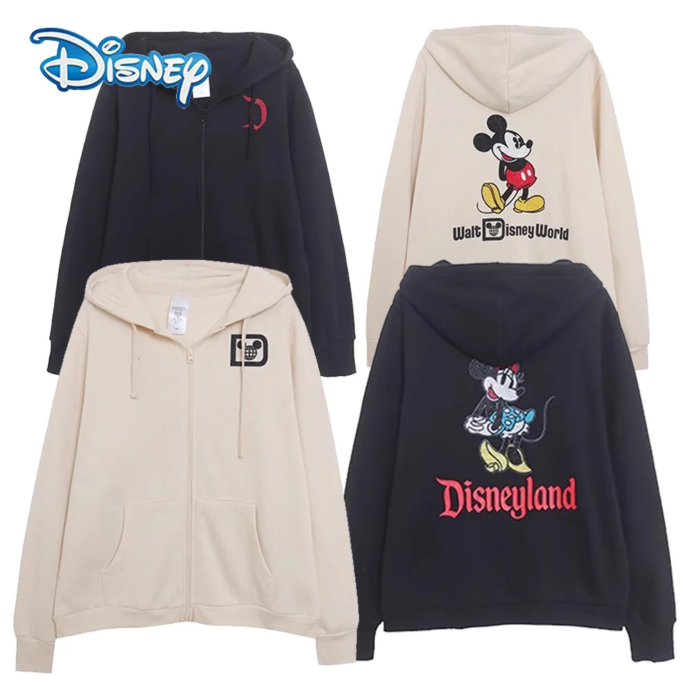 Disneyland Sweatshirt Castle Shining  Mickey Disneyworld Letter Glitter Minnie Unisex Couple Women Zip Pocket Hooded Jumper Top