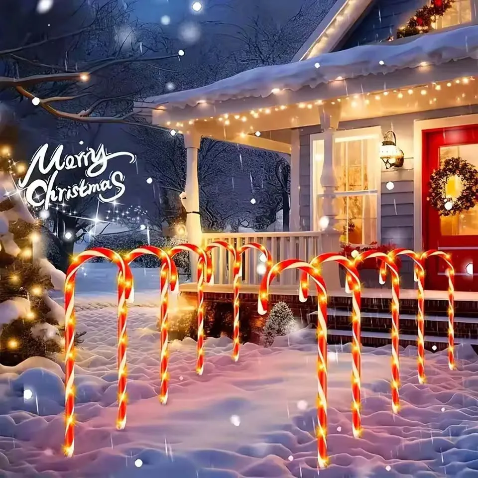5pcs Christmas Candy Cane Pathway Lights Outdoor Garden Xmas Driveway Markers Lamp For Home Garden Yard Lawn Patio Pool Decor