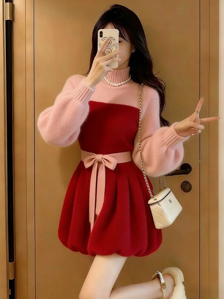 

Stunning Winter Knitted Dr Color Blo Waist-Cinching High-End Feel Petite Friendly Ele Sle Long Sve A-Line Dr