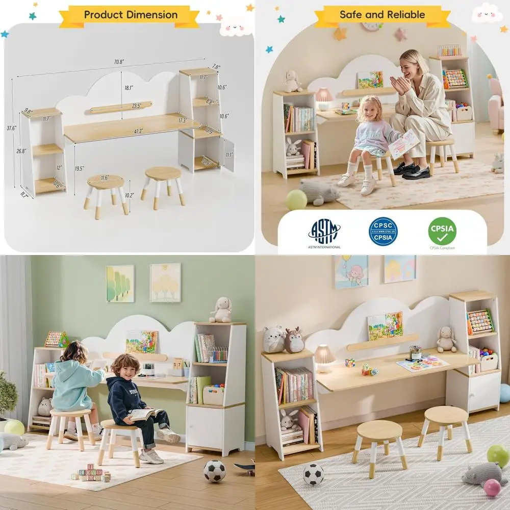 

Детский учебный стол с местом для хранения и 2 стульями, деревянный письменный стол для детей, подходит для возраста 3-8 лет, идеально подходит для мальчиков и девочек.