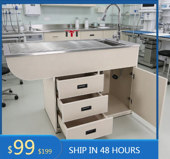 MT MEDICAL Wooden Frame Wet Treatment Operating Table With 3 Drawers & Cabinet For Veterinary Clinic Use