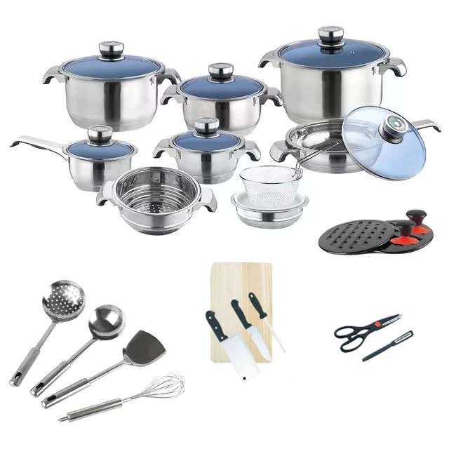 

Stainless Steel 30Pcs Cooking Pan Kitchen Pots Cookware Set With Blue Glass Lid/steel Lid for Cooking
