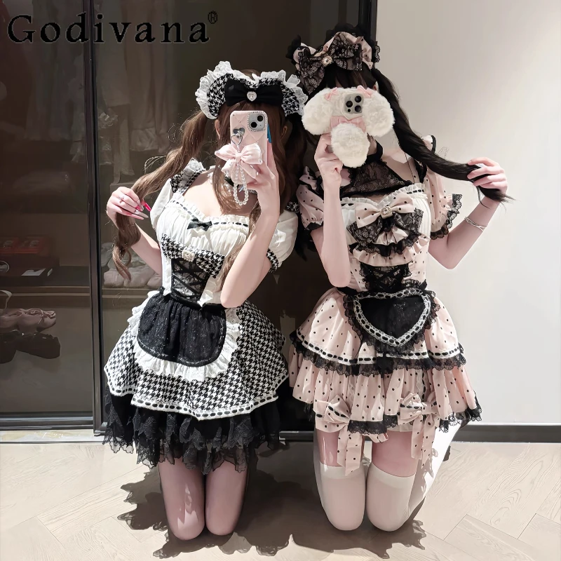 

Original Cute Girls Sweet Lolita Cos Dress OP Anniversary Birthday Dress Women's Slim Fit Elegant Cute Bow Polka Dot Print Dress