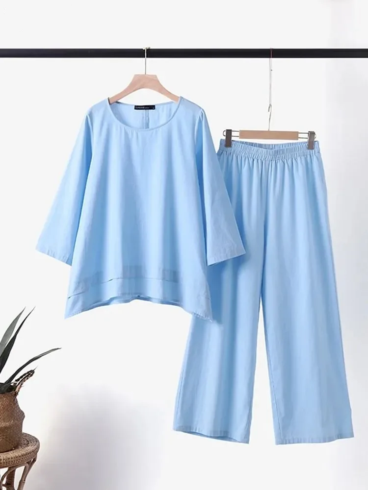 2024 Summer New Cotton and Hemp Women\'s Two Piece Set with Round Neck Loose Long Sleeved Top High Waist Wide Leg Pants Set