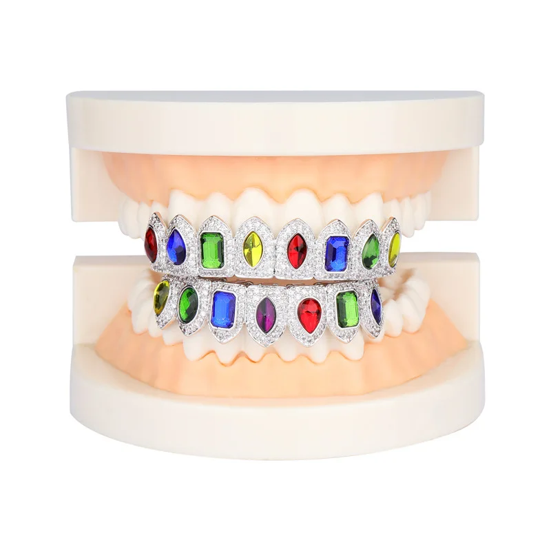 14K Gold Plated Rainbow CZ 8 Teeth Single Row Grillz Iced Out Hip Hop Tooth Caps Christmas Cosplay Party Jewelry Gift