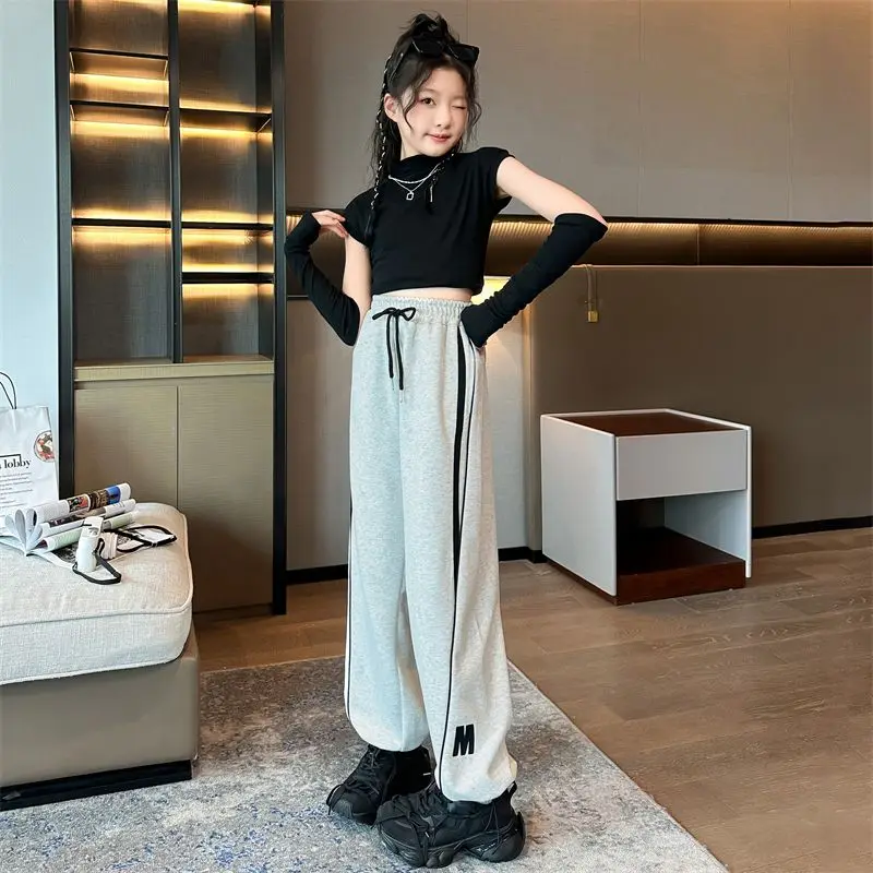 Girl's Loose-Fit Wide-Leg Cotton Blend Sweatpants Spring Autumn Casual Wear Stylish Athletic Pants