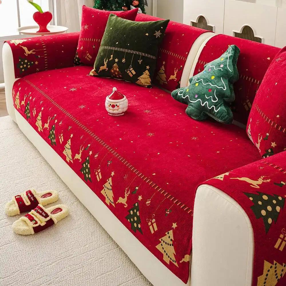 

Christmas Cover Thicken Warm Couch Slipcover Anti-Slip Pets Kids Sofa Cushion Towel For Living Room Xmas New Year Decor