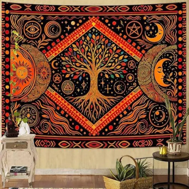 VIKAMA Mystical Tree of Life Sun Moon Wall Tapestry Black Background Colorful Branch Pentagram Eye Geometric Occult Boho Decor