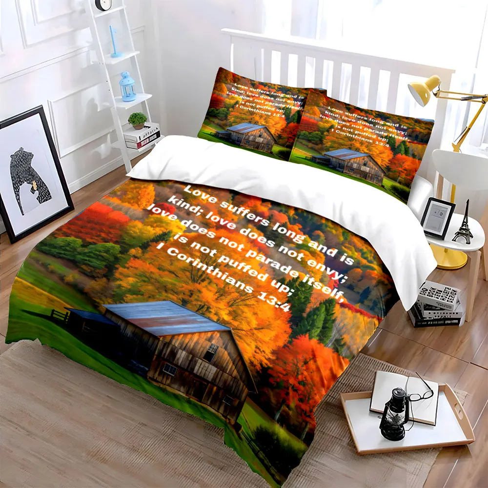 3Pcs Autumn Barn Fall Forest Bible Verse Bedding Set, Love Scripture Scenery Print Duvet Cover 2 Pillowcases King Queen, Gift