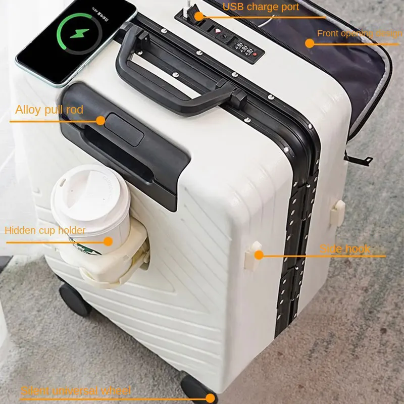 Suitcase Front Opening Luggage with USB Cup Holder Trolley Bag Cabin Travel Suitcase Rolling Luggage Spinner Wheels Travel Bag