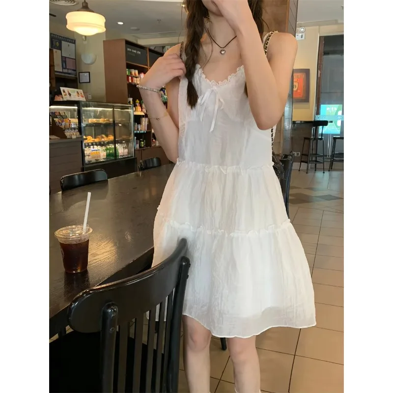 FallenVex Store Y2K Vintage White Lace Slip Mini Dress Women Summer A‑Line Ruffled Puffy Short Dress Sweet Korean Style Casual
