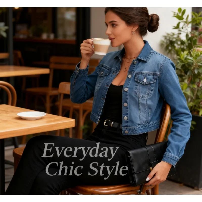 

Vintage Wash Denim Jacket for Women Cropped Slim Fit Blue Denim Coat with Classic Western Tailoring