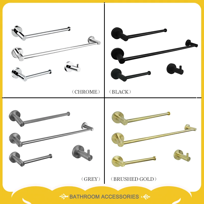 Brushed Gold Bathroom Set Kit - Towel Rod Bar Ring Paper Holder Tissue Holder Toilet Paper Rack Coat Hook Grey Accessories