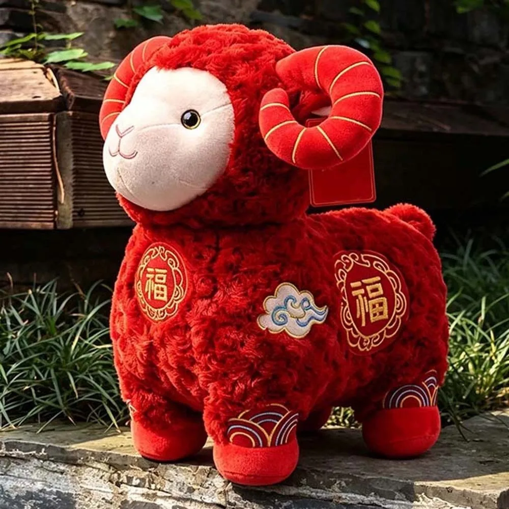Standing Zodiac Sheep Plush Embroidered Soft Auspicious Ram Doll Durable Traditional Red Goat Mascot Spring Festival