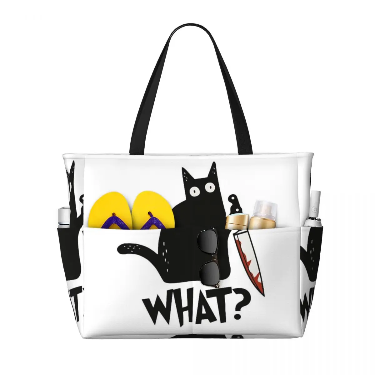 Cat What Murderous Black Cat With Knife Beach Tote Bag Sport Gym Yoga Duffle Large Tote Bag Women Travel Bag Fitness bag