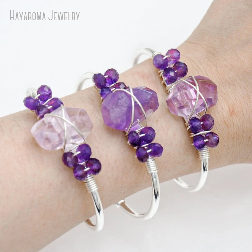 

10Pcs Crystal Quartz Amethyst Cuff Bracelet Women Silver Plated Adjustable Silver Plated Bangle Jewelry Bridesmaid Gift