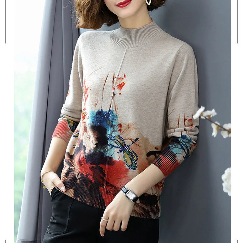 Women Vintage Chinese Style Print Half High Collar Elegant Knitted Sweater Autumn Winter Fashion Long Sleeve Loose Pullover Tops