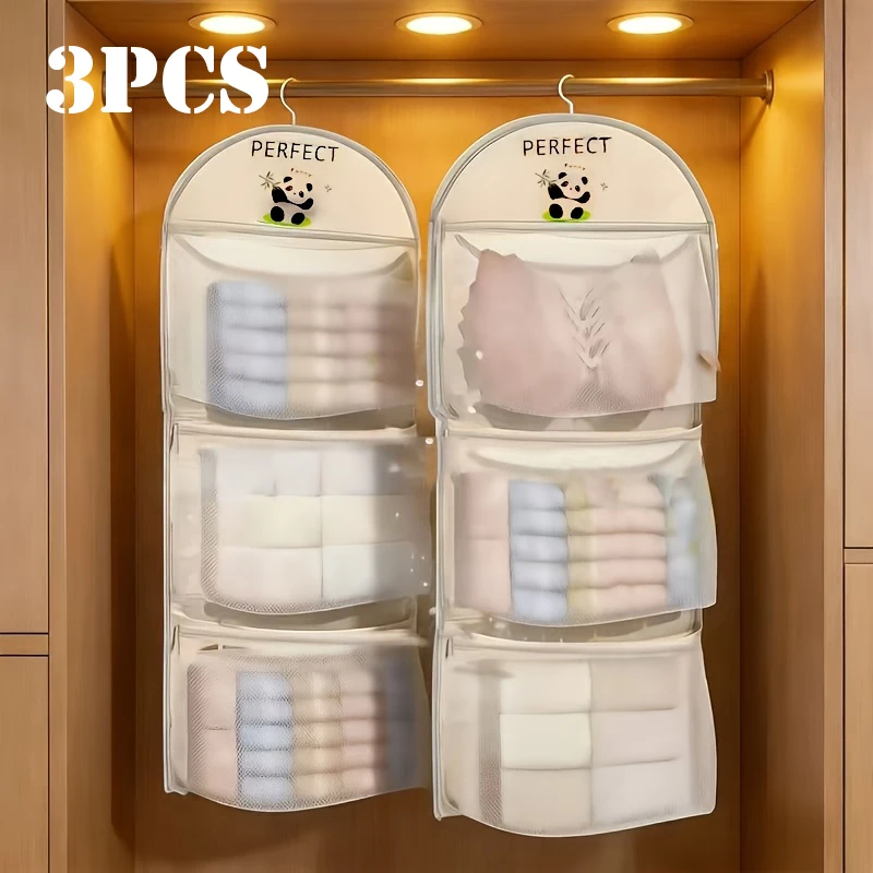 Triple-Layer Hanging Mesh Storage Bag for Underwear Socks Bra Wall-Mounted Organizer with Pockets Dorm Home Clothing Storage