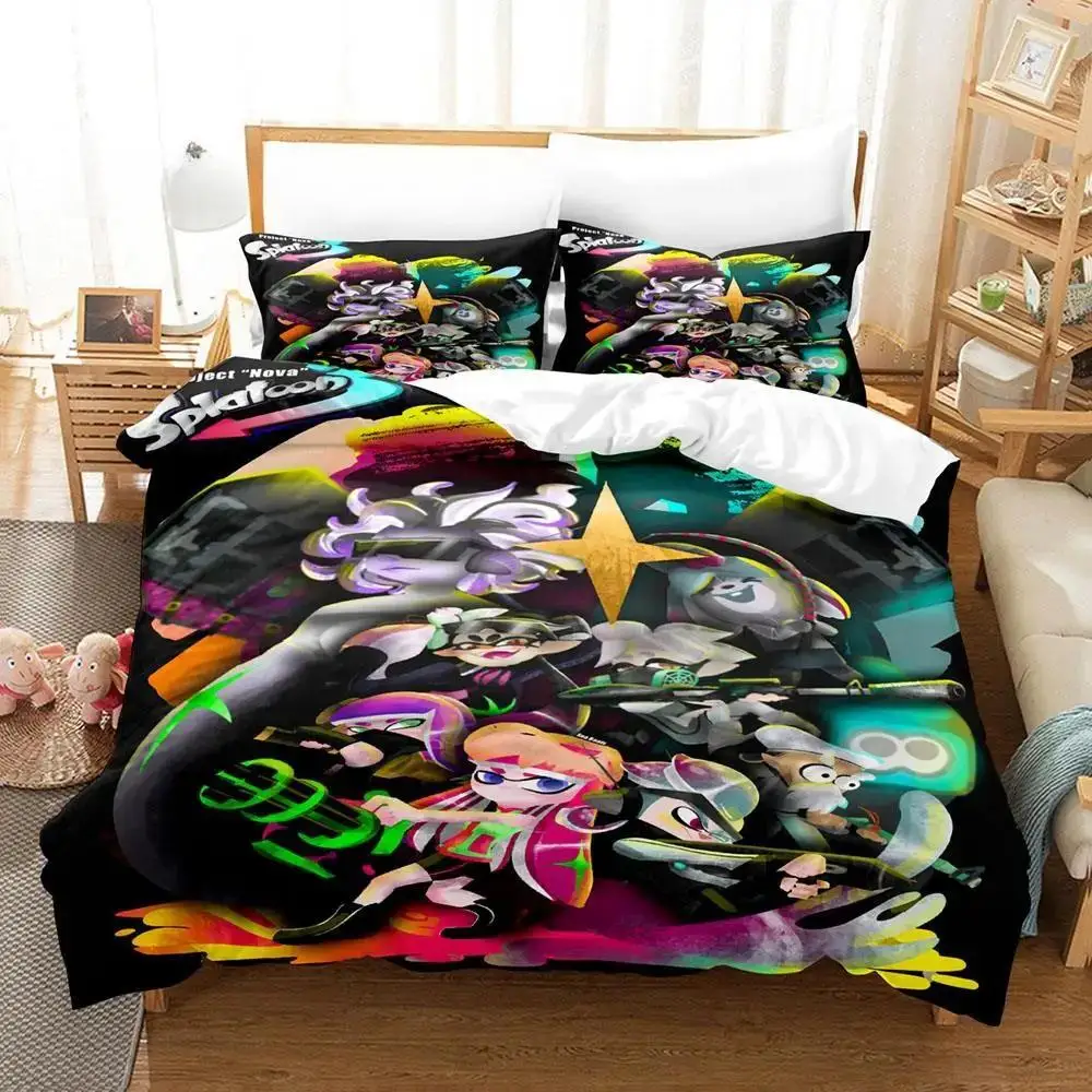 Kawaii Game Splatoon 3 Bedding Set Single Twin Full Queen King Size Bed Set Adult Kid Bedroom Duvet Cover Sets Bed Sheet Set