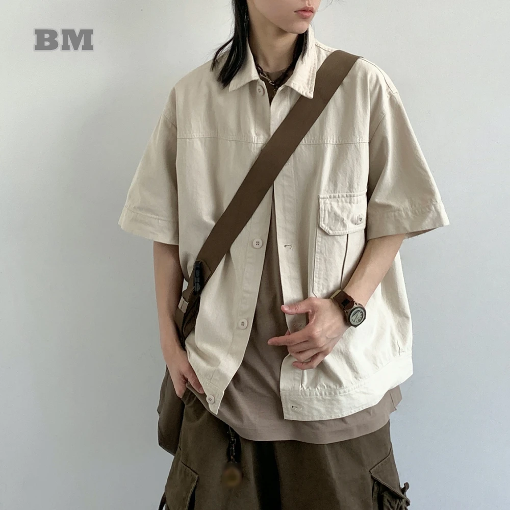 

Japanese Cargo Shirt Men Women Summer Heavyweight Washed Cotton Vintage Loose Fit Unisex Streetwear Casual Short Sleeve Top