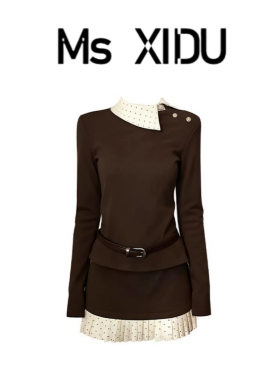 

Ms XIDU Autumn Winter Women's Fashion Set Unique Beautiful Inner Match Coffee Color Base Shirt And Skirt Two-Piece Korean Style