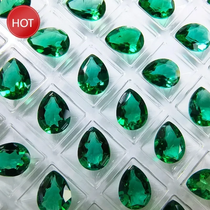 

Lab Grown Zambian Emeralds Pear Shape Hydrothermal Hand Cutting Cut with Cracks Inclusions Inside Selectable AGL Certificate