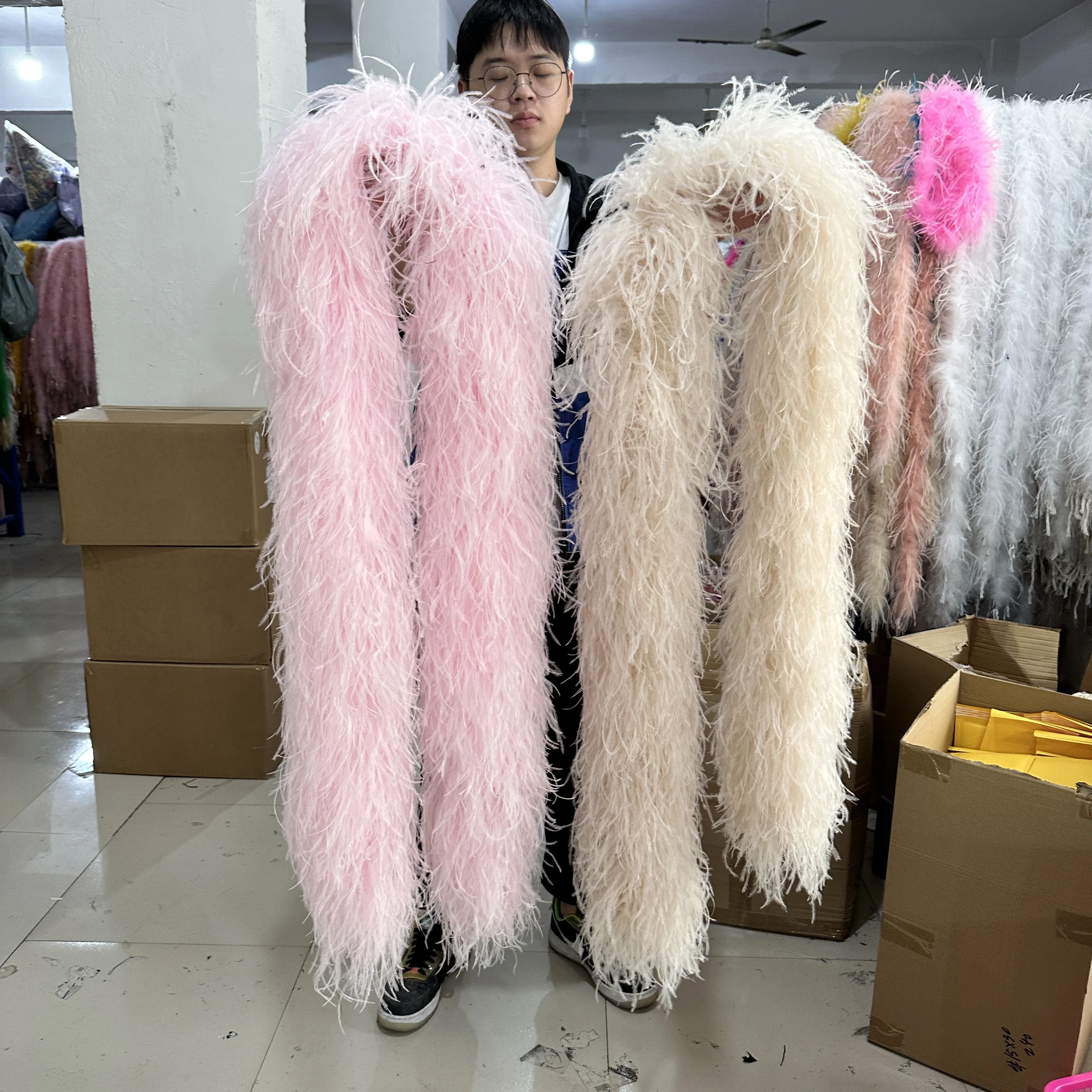 2Meters Ostrich Feathers Boa Pink khaki Thick Feather Boa 1-20Ply Plume Shawl for Wedding Party Dress Sewing Decoration