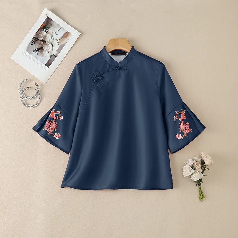 ZANZEA Chinesischer Stil Vintage Damenbluse, elegantes Arbeitshemd mit Stehkragen und 3/4-Ärmeln, bedruckte Oberteile mit Knöpfen, Blusas – Detail 9