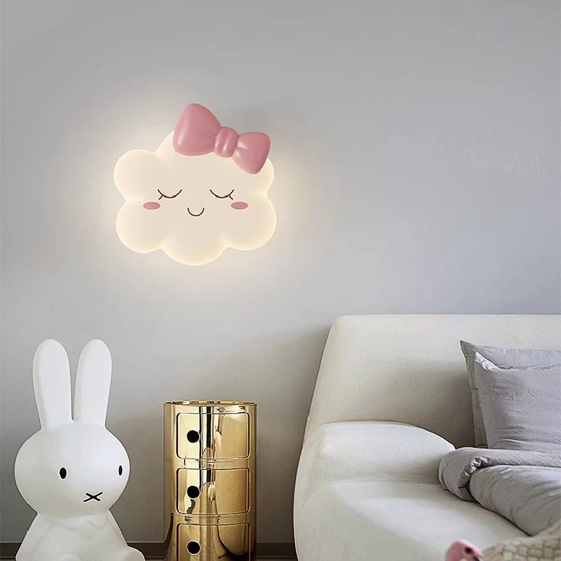 Cute Children's Room Wall Lamps With Pink Bow Cloud Lamp Modern Romantic Princess room Nursery Girl Bedroom Bedside Wall Lights