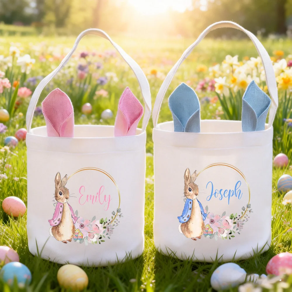 

Personalized Name Bunny Themed Easter Tote Bags Reusable for Easter Basket Stuffers Egg Hunt Spring Celebration Party supplies