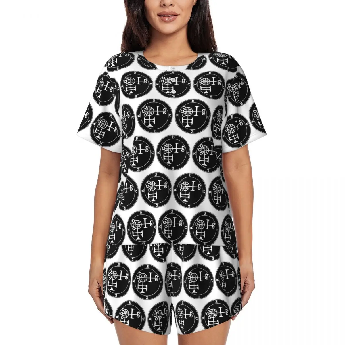 

Ночная рубашка Demon Buer Seal с круглым вырезом и короткими рукавами для сна, женский свободный пижамный комплект с короткими штанами