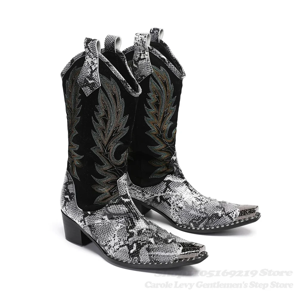 Red Snake Pattern Crystal Print Patchwork Knee High Boot Men Iron Pointed Toe Chunky Heel Western Nightclub Runway Long Boots view 2