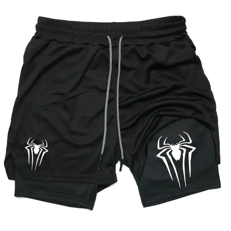

Summer new men's spider print double-layer shorts, casual sports tight shorts, exercise running, mesh fabric 2-in-1 sports pants