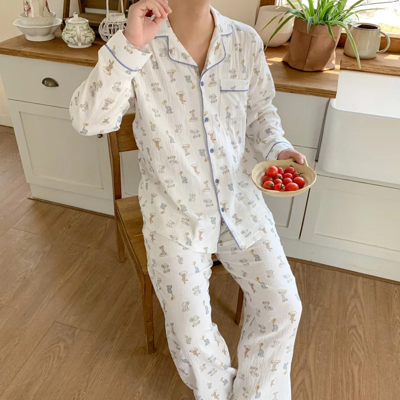 Zachte Lente Print Cartoon Kawaii Lange Mouwen Liefhebbers Pyjama Set Vrouwen Elegante Casual Vakantie Nachtkleding Thuis Ins Tweedelige Set