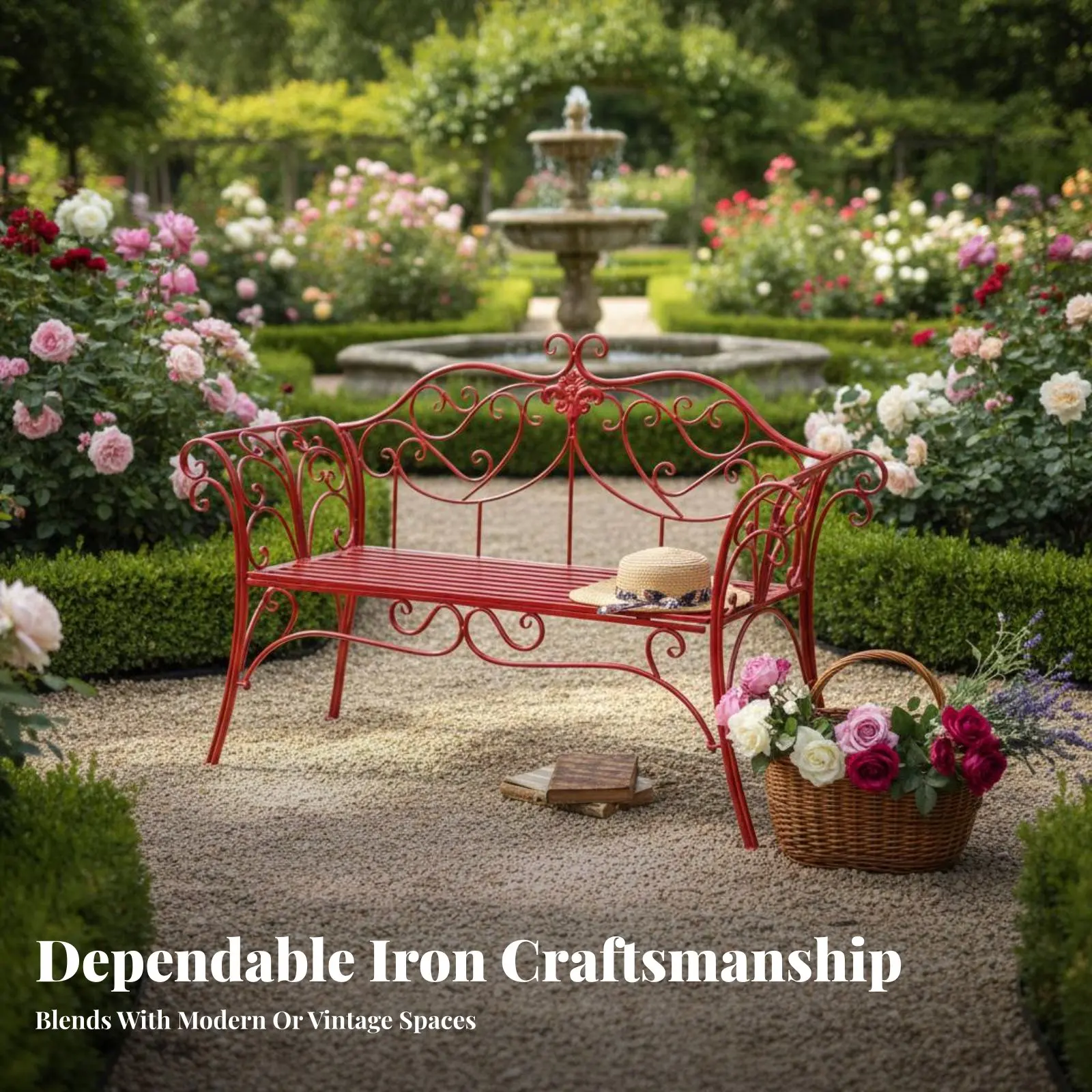 Ornate Metal Two-Seater European Influenced Design Garden Bench Elegant Scrollwork Sturdy Frame for Homeowners, Backyard