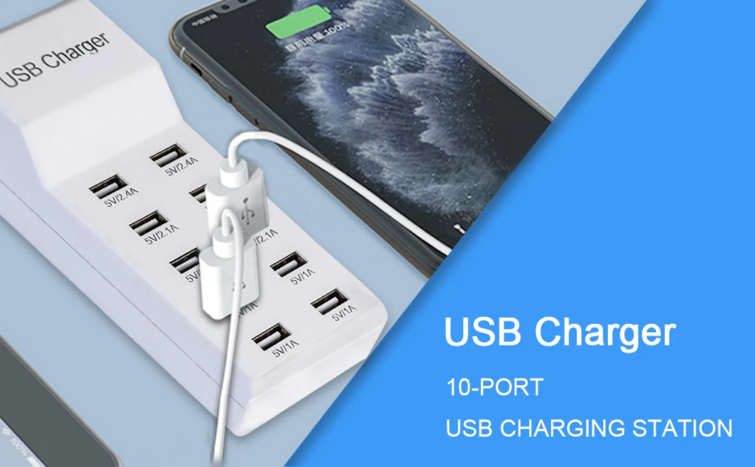 USB Charger 10-Port USB Charging Station for Multi Devices 50W USB Hub Adapter for iPhone Samsung Xiaomi Huawei Extension Socket